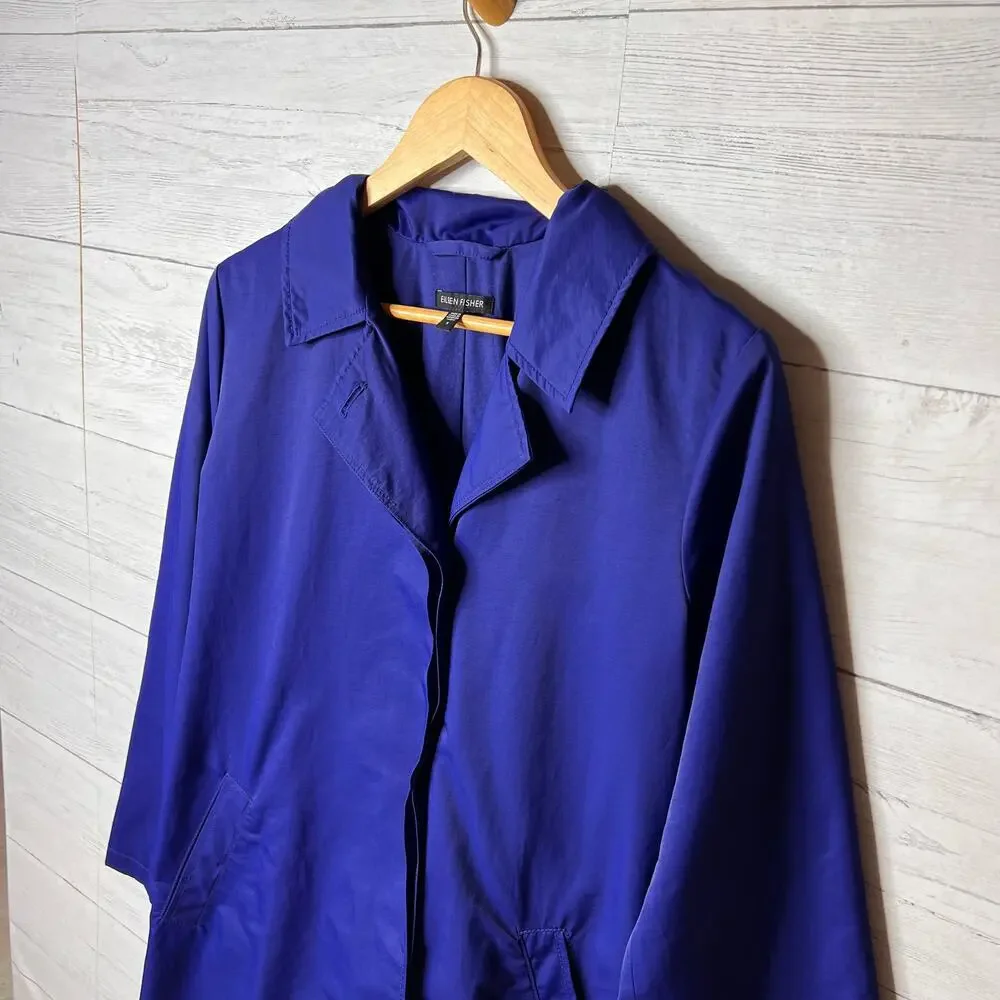 Eileen Fisher Coat Women Size Small Royal Blue A Line Button Down Trench - Picture 9 of 16